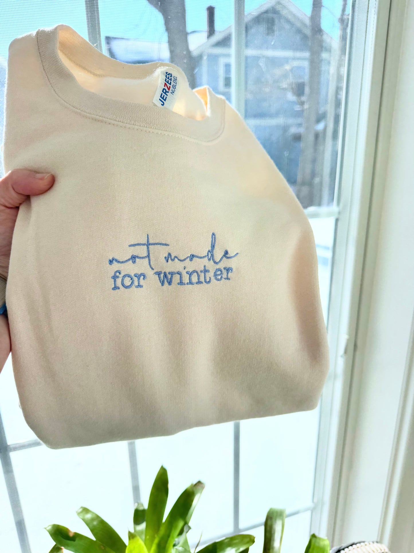 Cream Crewneck Sweatshirt Embroidered Text Message Clothing Cotton Polyester Blend Unisex Casual Pullover Funny Winter Humor Statement Blue Thread Design Comfortable Everyday Wear Perfect Gift Idea Present Option Holiday Season Ironic