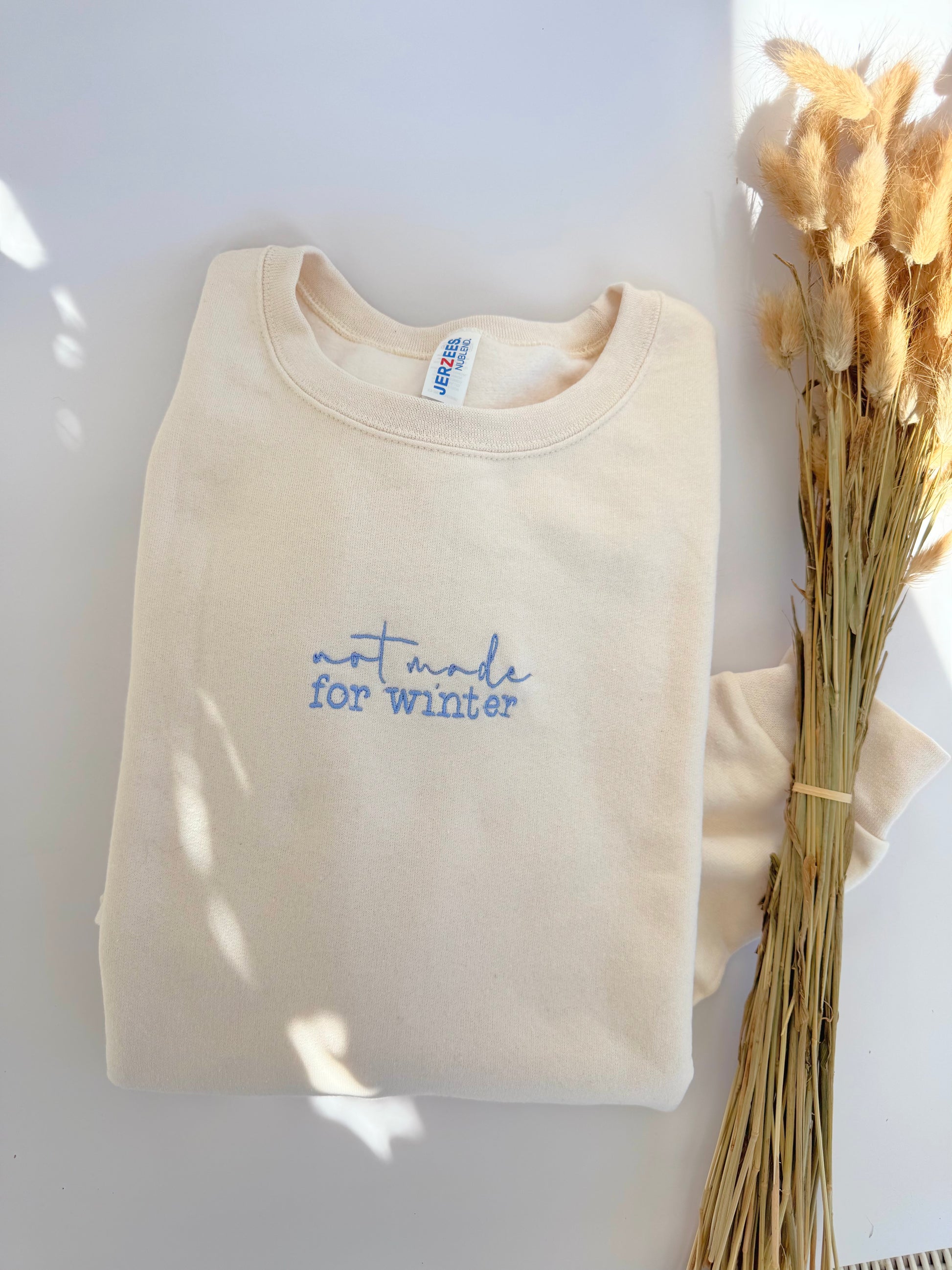 Embroidered Text Message Sweatshirt Cream Cotton Blend Pullover Unisex Casual Design Winter Humor Statement Piece Perfect Gift Idea Present Option Holiday Season Comfortable Daily Wear Blue Thread Embroidery Unique Fashion Statement