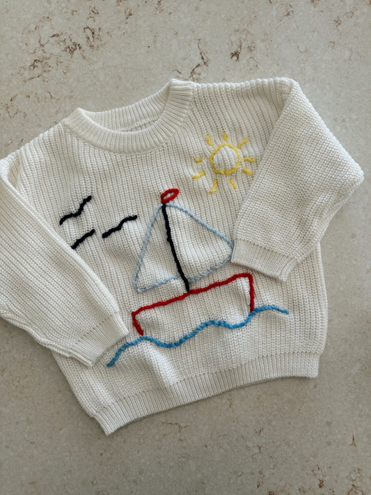 Hand Embroidered Sailboat Sweater